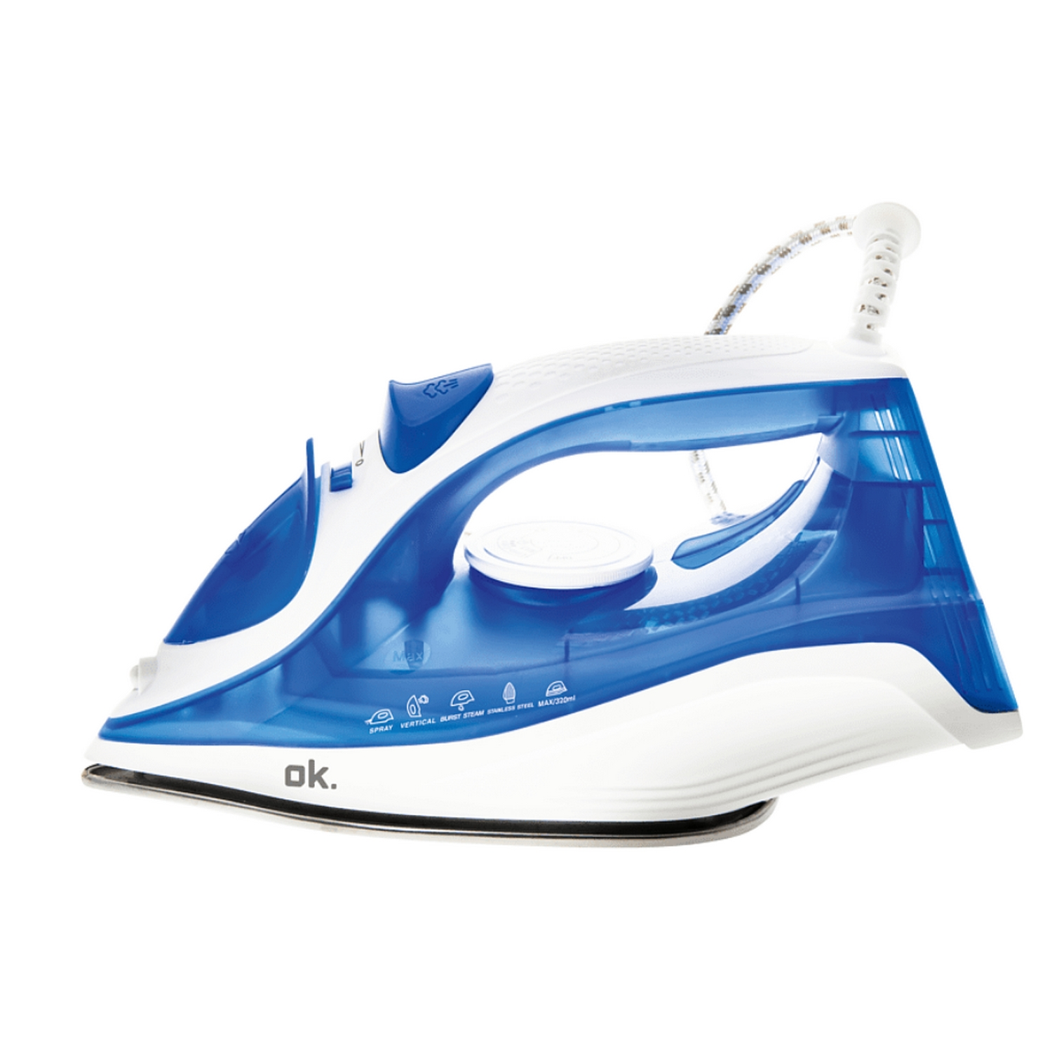 Una plancha con detalles azules y cuerpo blanco. Tiene funciones de vapor y pulverización y está aislada.