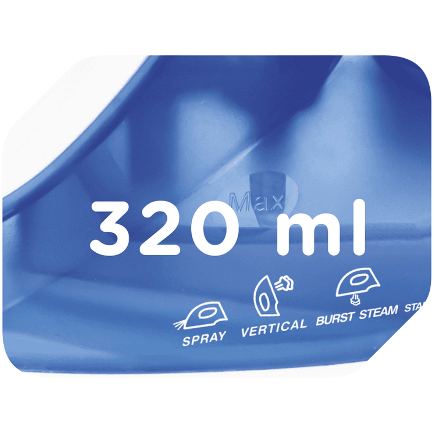 Contenedor azul con texto y símbolos, incluyendo '320 ml'.