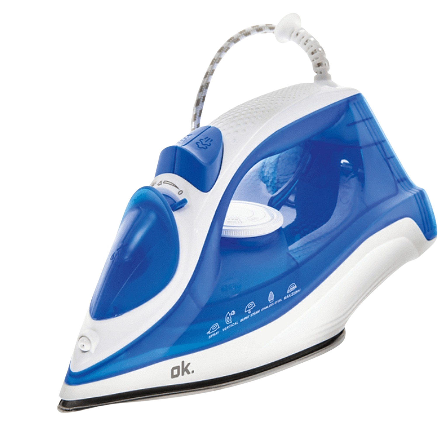 REACONDICIONADO Plancha de vapor - OK OSI 2222, 15-20 g/min, 2200 W, Vapor vertical, Termostato ajustable, Blanco/Azul