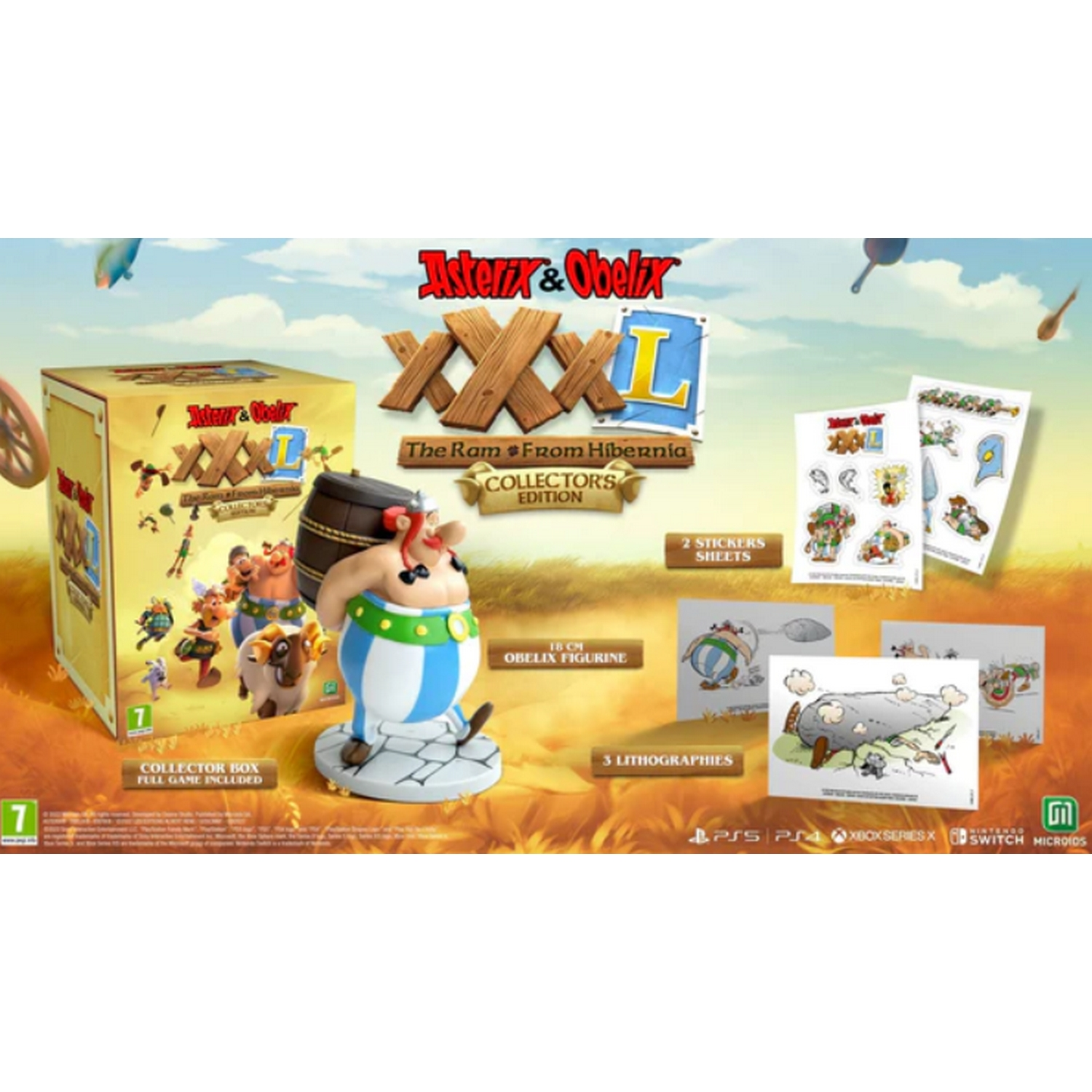 Caja de edición de coleccionista de Astérix y Obélix con figuras y pegatinas en un paisaje.