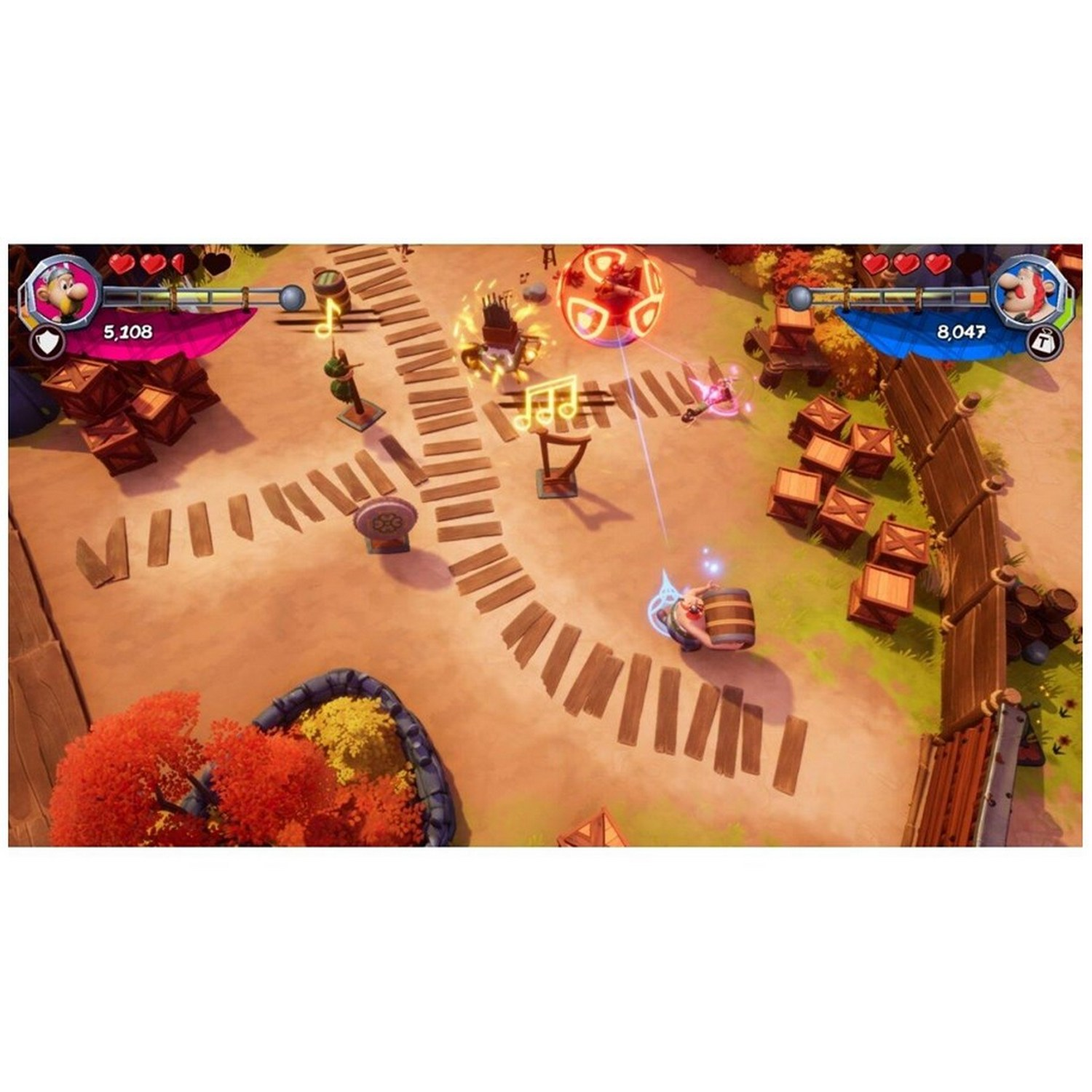 Pantalla de videojuego. Personajes de dibujos animados en una arena de batalla con obstáculos y notas musicales.