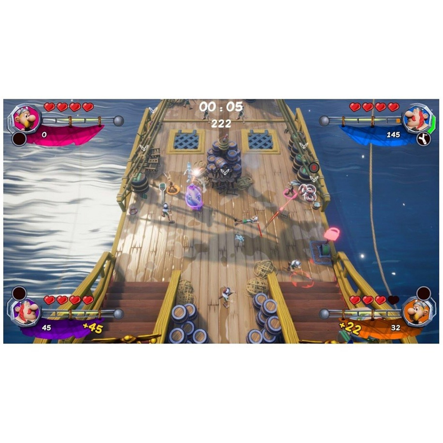 Escena de videojuego. Dos equipos en cubierta de barco. Jugadores luchando.