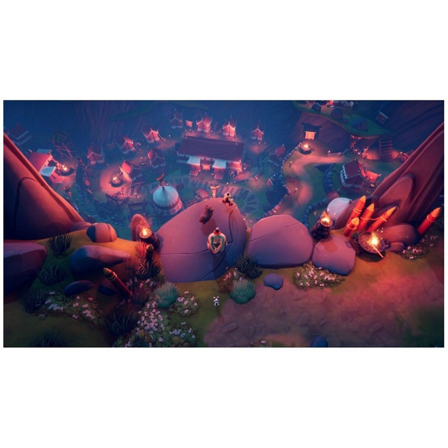 Vista aérea de una escena de videojuego con figuras en rocas, un pueblo abajo.