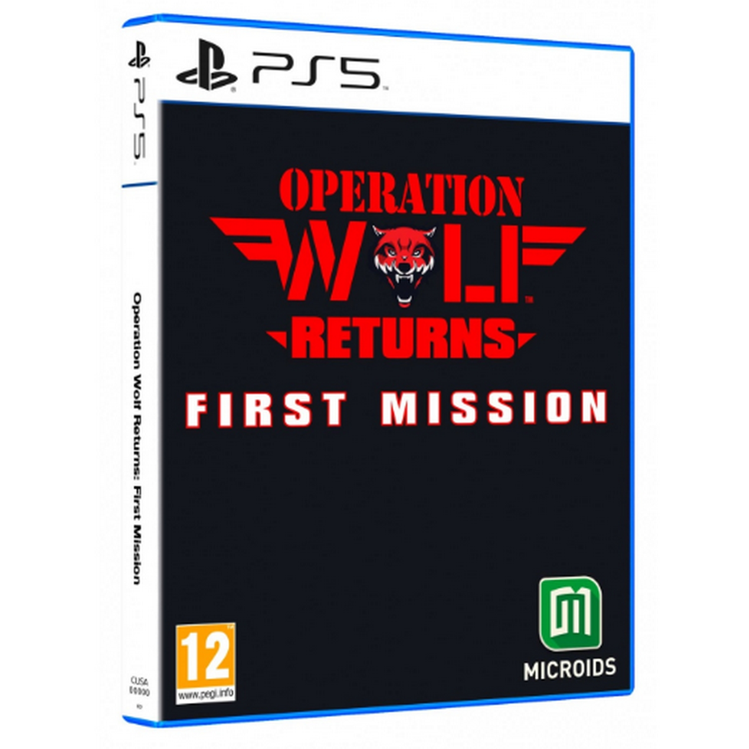 Caja de juego PS5. Texto rojo y blanco: Operation Wolf Returns: First Mission. El juego.