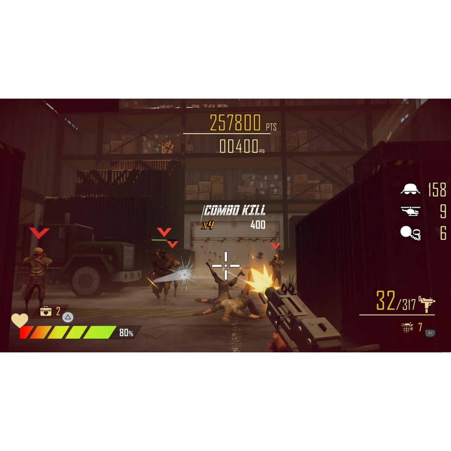 Escena de videojuego con combate, disparos, cuerpos en el suelo y visualización de salud y puntuación.