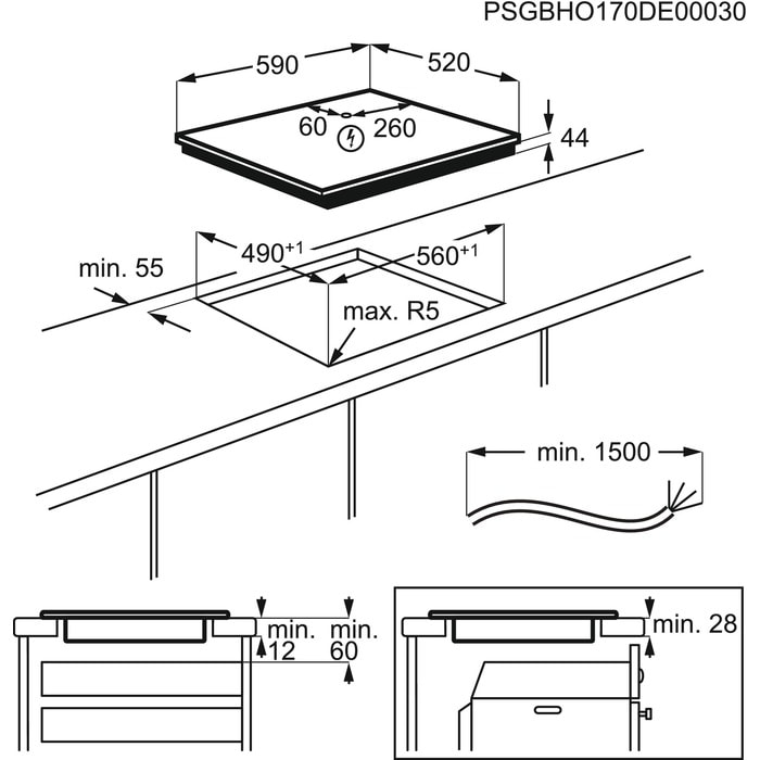 Diagrama de una placa de cocina con dimensiones e instrucciones de instalación.