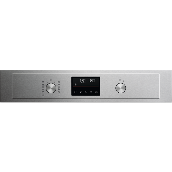 Panel de control de horno de acero inoxidable con pantalla digital. Muestra hora y temperatura en negro.