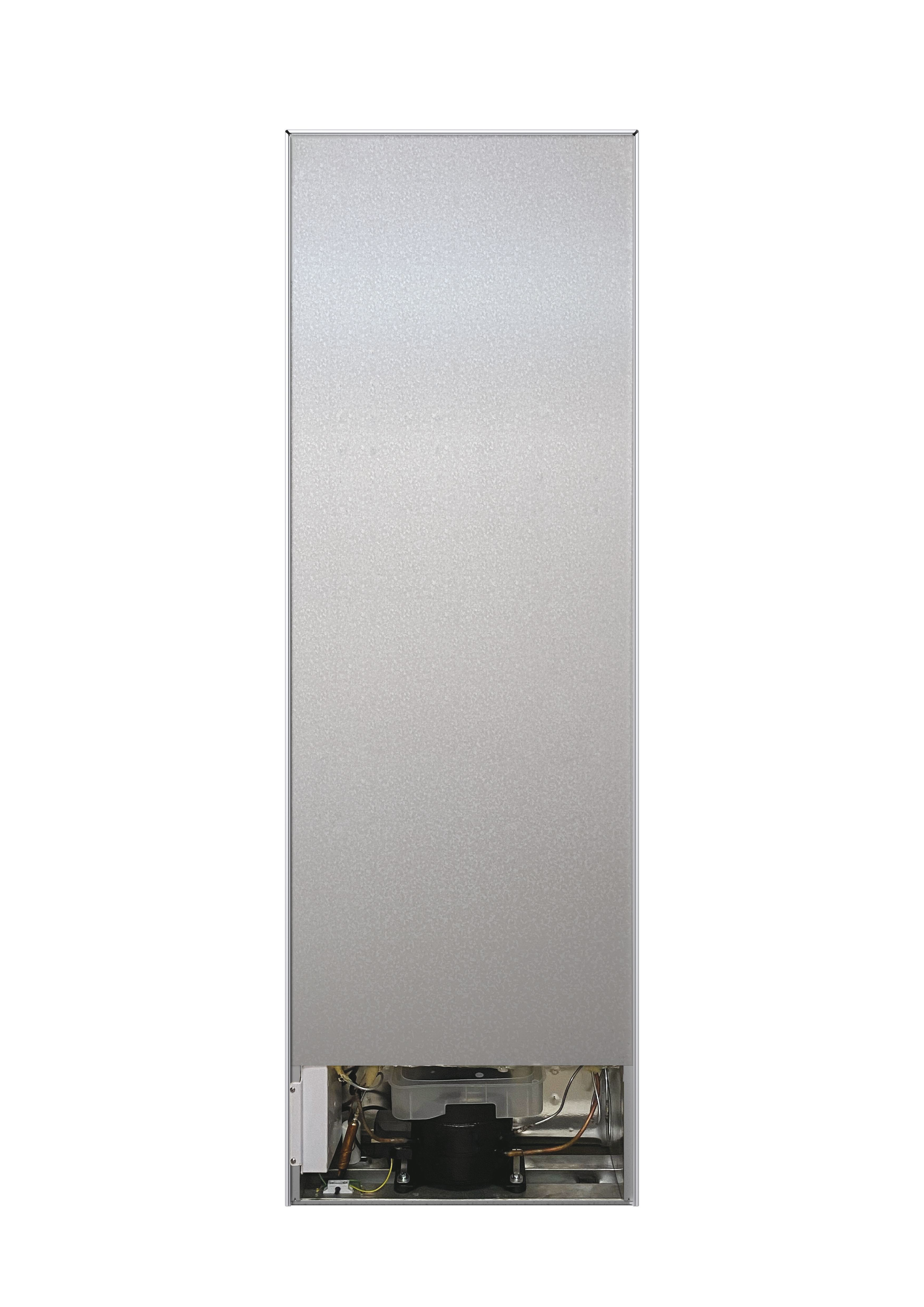 Parte trasera de un refrigerador plateado. Compresor y componentes visibles.