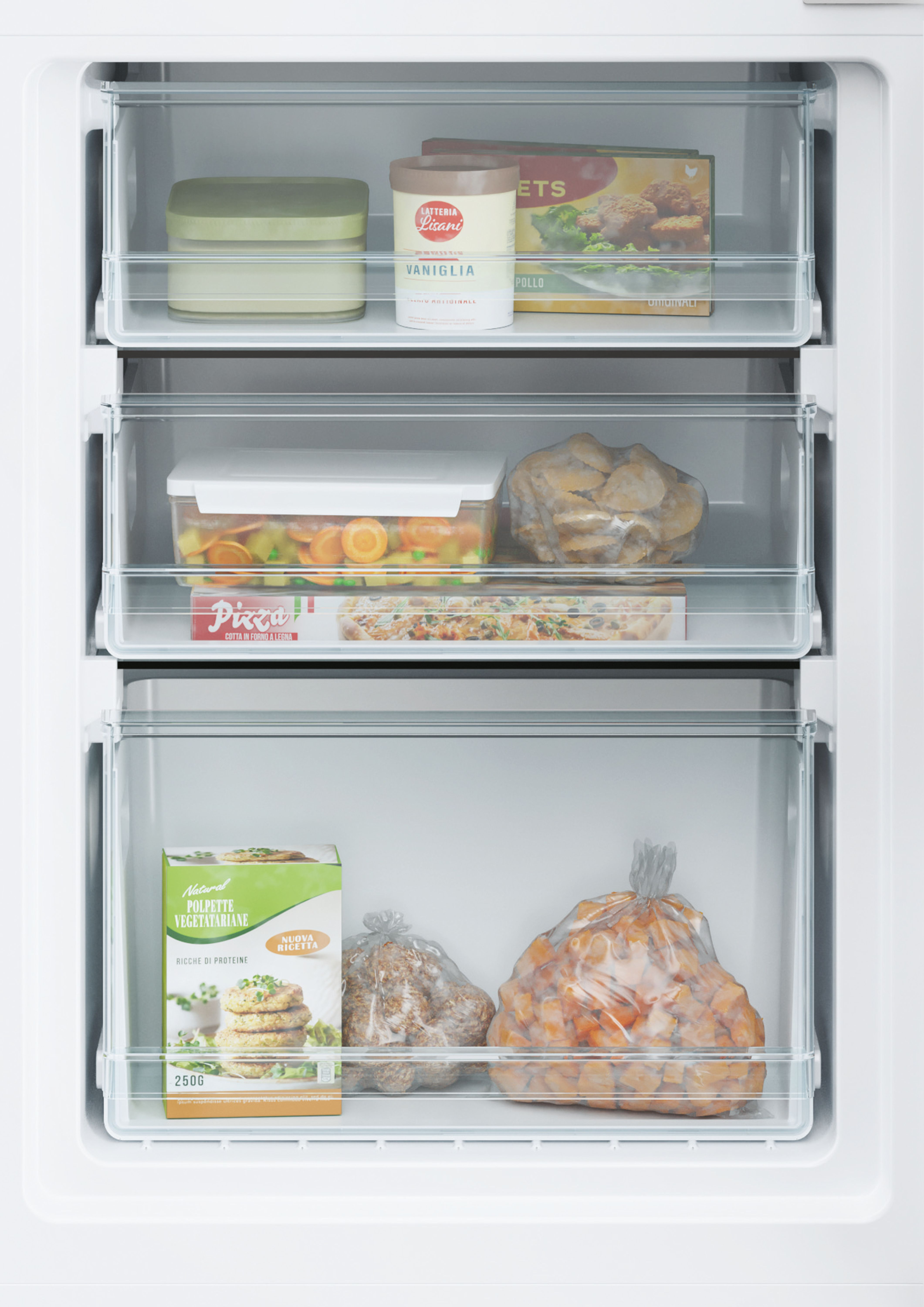 Dentro de un refrigerador: varios alimentos, incluyendo verduras congeladas, pizza y helado.