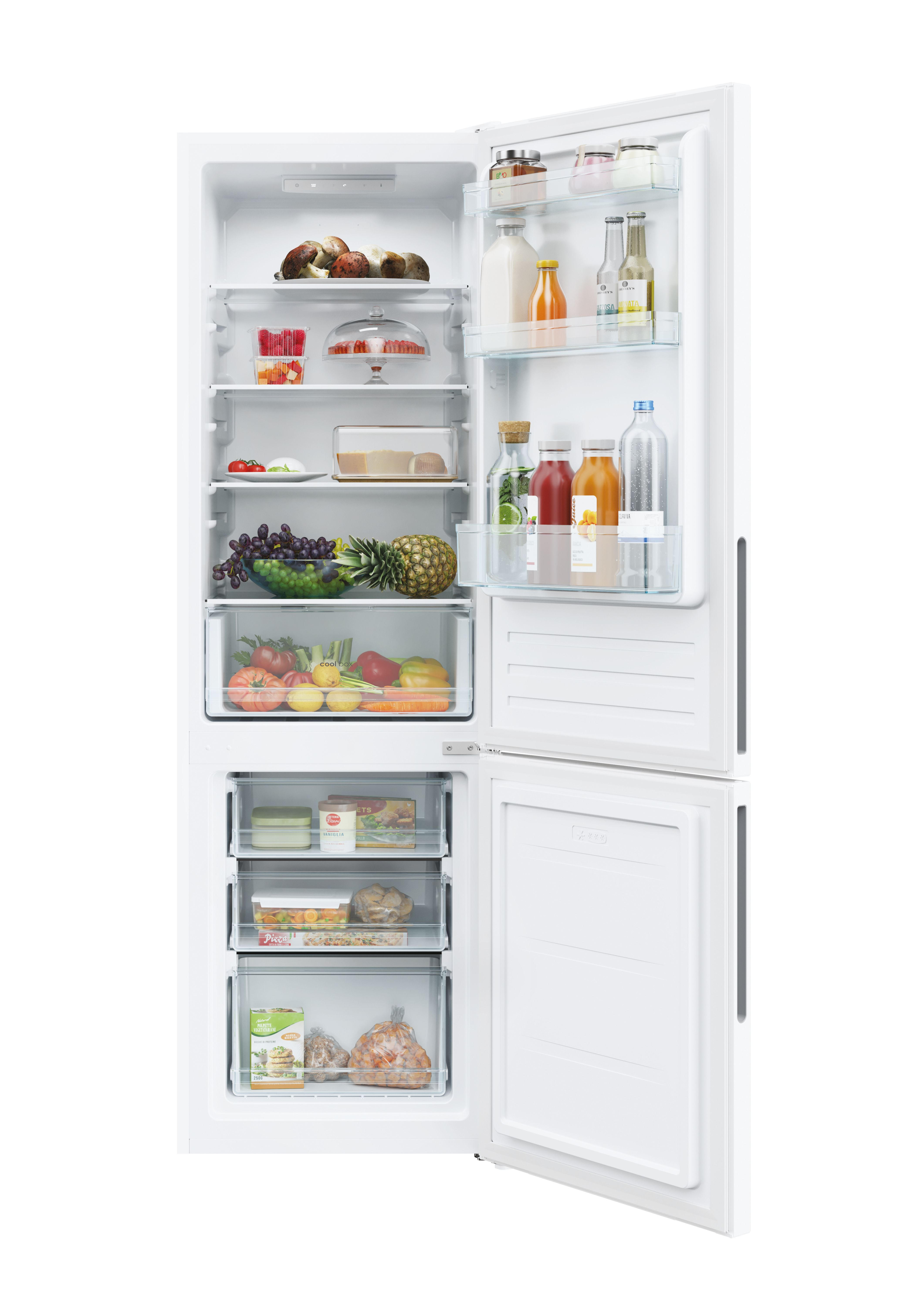 Refrigerador blanco con puertas abiertas, lleno de alimentos. Frutas, bebidas y comestibles.