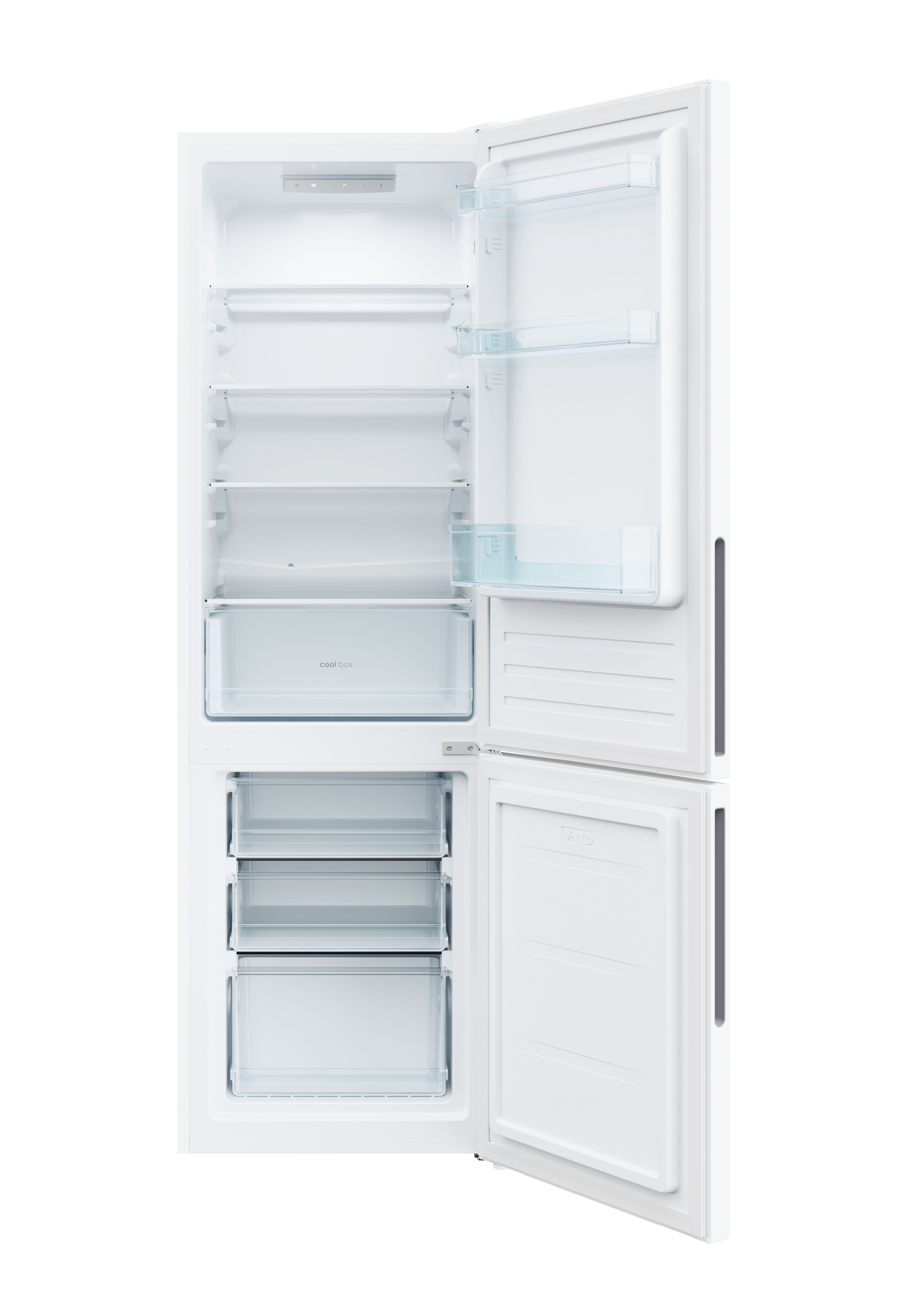 Refrigerador blanco con puertas abiertas. Estantes, cajones y un compartimento congelador son visibles.