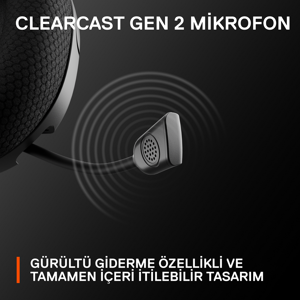 Mikrofonlu siyah kulaklık. Metin: "CLEARCAST GEN 2 MIKROFON" ve bir tasarım.