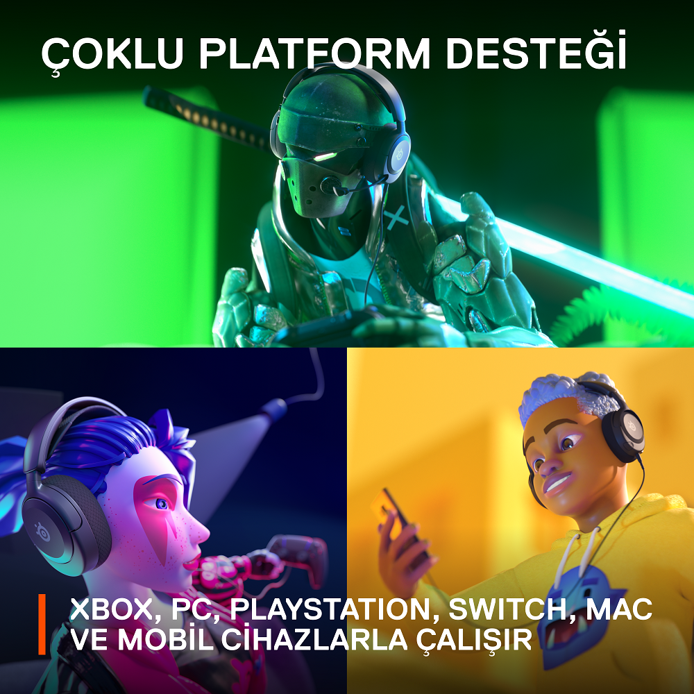 Kulaklık takan üç animasyon karakteri. Metinde şunlar yazıyor: XBOX, PC, PLAYSTATION, SWITCH, MAC ve MOBİL.