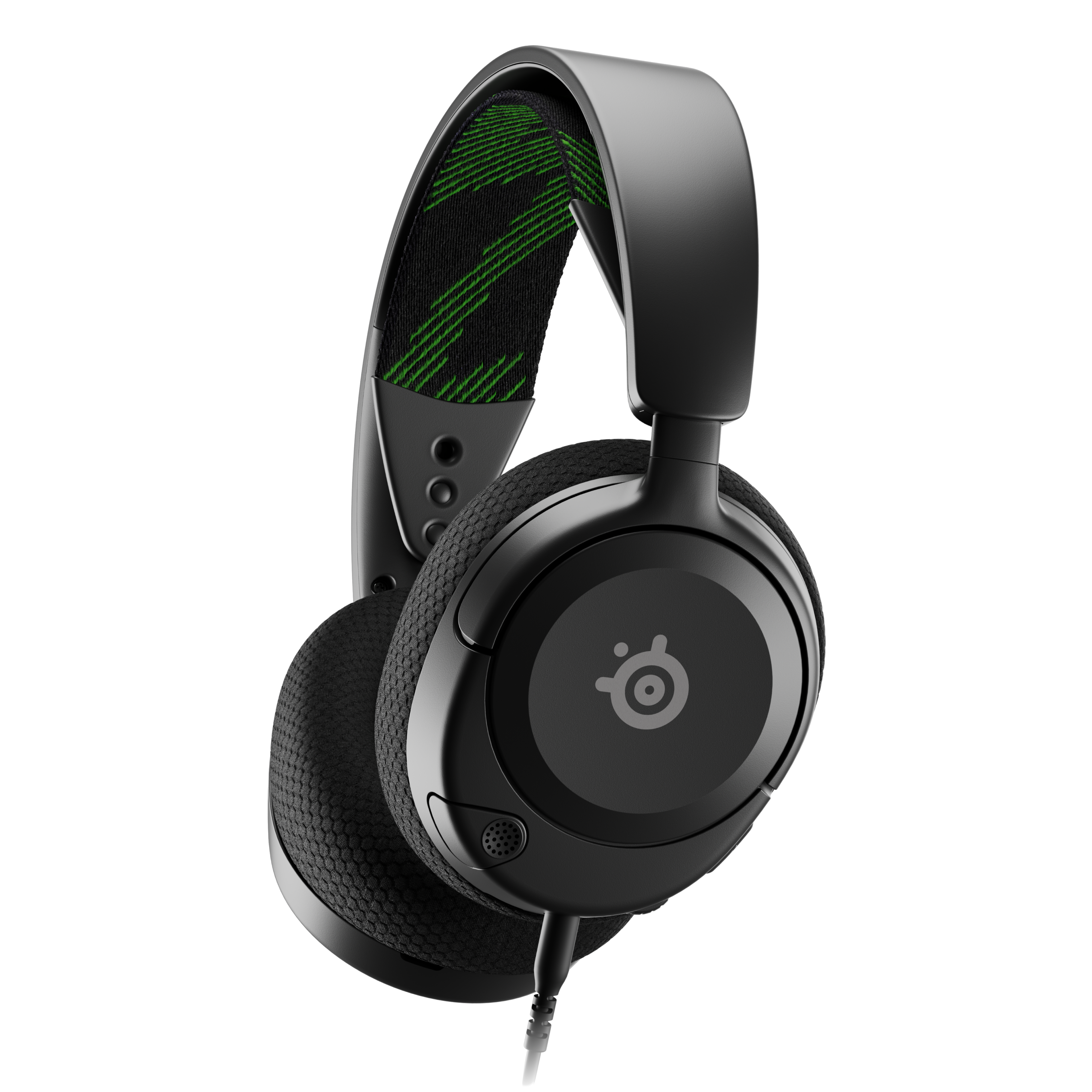 Beyaz zemin üzerinde yeşil ve siyah bir kafa bandına sahip siyah oyun kulaklığı.