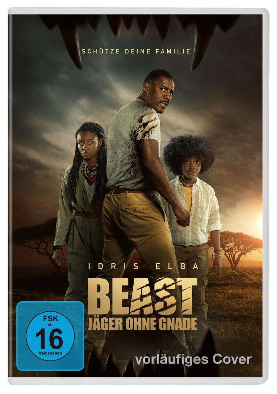 Filmcover von 'Beast'. Zeigt Idris Elba mit zwei Kindern. Ein bedrohliches Tier im Hintergrund.
