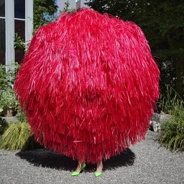 Een persoon in een rood, pluizig kostuum, staand op grind, draagt groene schoenen.