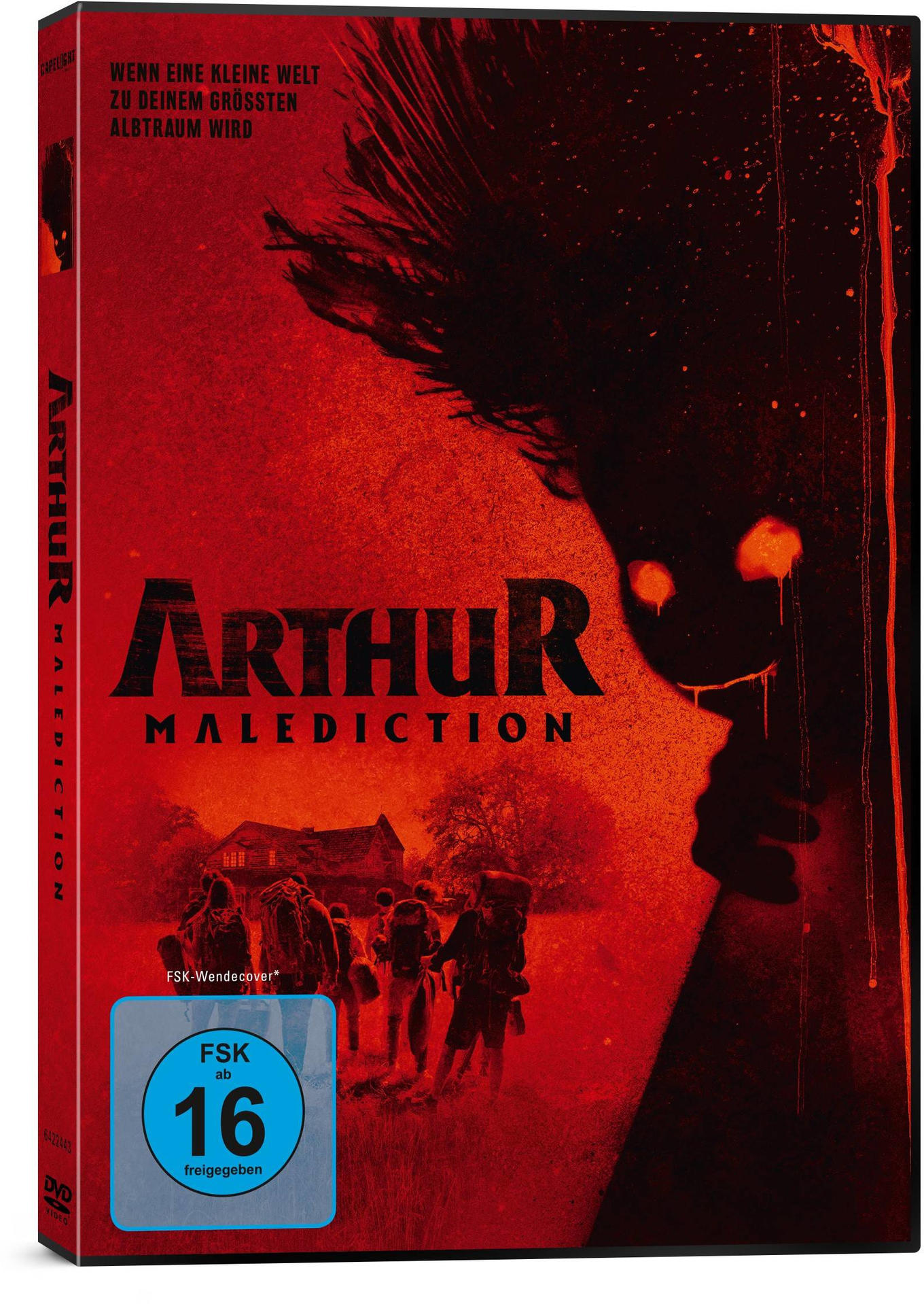 DVD-Hülle mit dem Filmtitel 'Arthur Malediction' und einer Figur. Roter Hintergrund, mit Text.