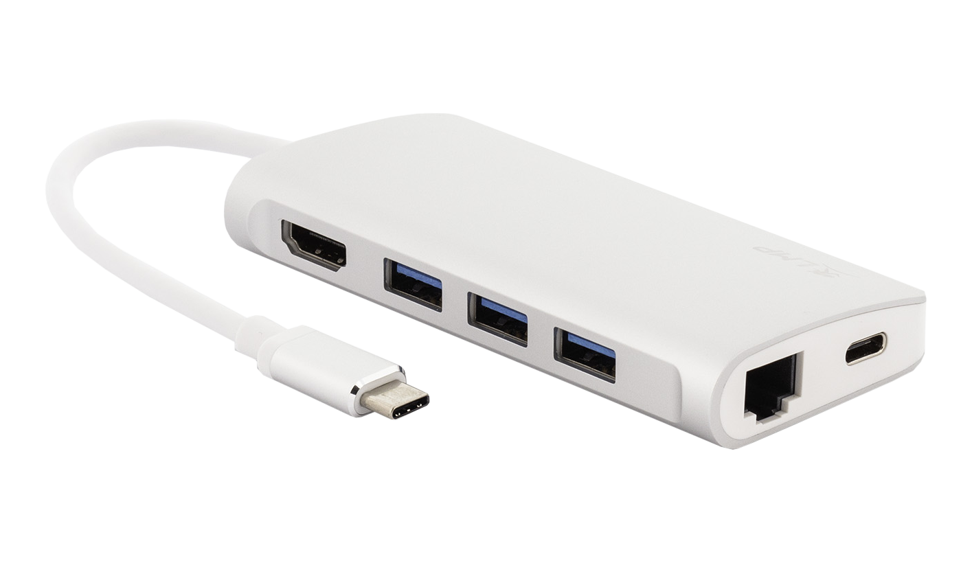 Weißer Multi-Port-USB-C-Hub mit HDMI-, USB-Anschlüssen, Ethernet und USB-C-Anschluss für Strom.