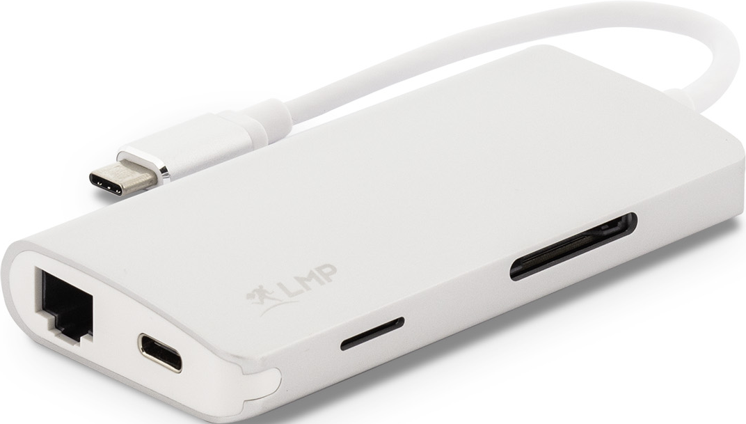 Weißer USB-C-Hub mit Ethernet-, USB- und Kartenleseranschlüssen.