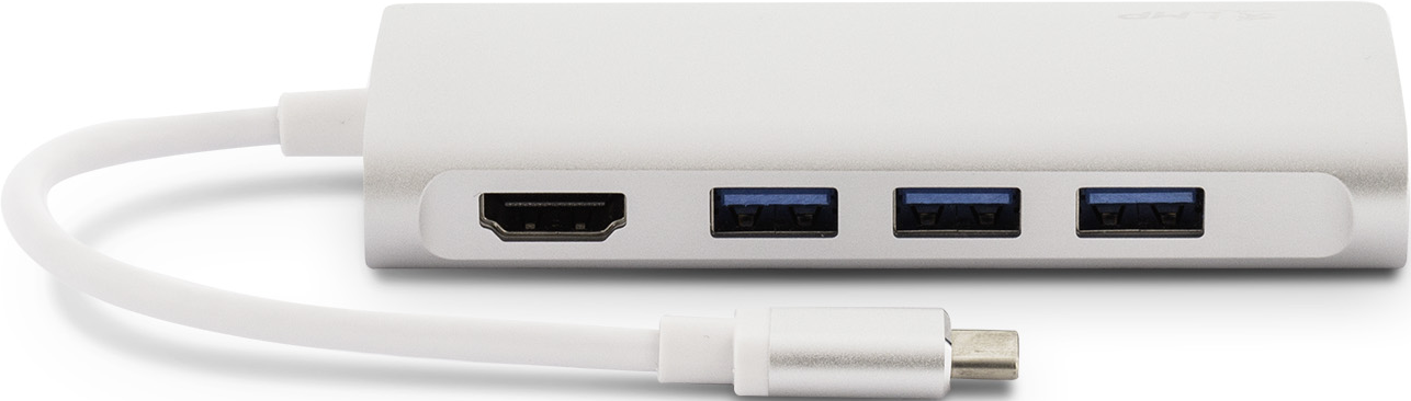 Ein silberner USB-Hub mit HDMI, drei USB-Anschlüssen und einem USB-C-Anschluss mit weißem Kabel.