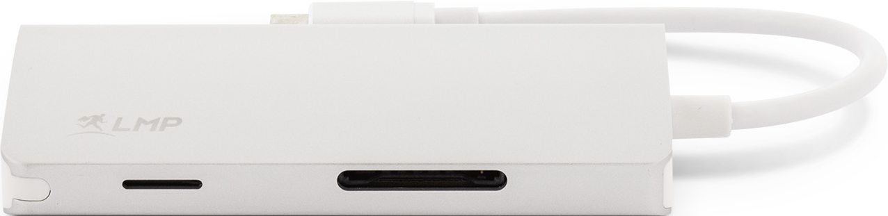 Weißer LMP USB-C-Hub mit mehreren Anschlüssen: SD, USB-A und USB-C zum Aufladen. Weißes und schlankes Design.