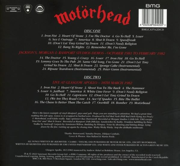 A Motörhead album borítója, piros betűkkel a számlistával és a zenekar nevével. Az Első és Második lemez látható.