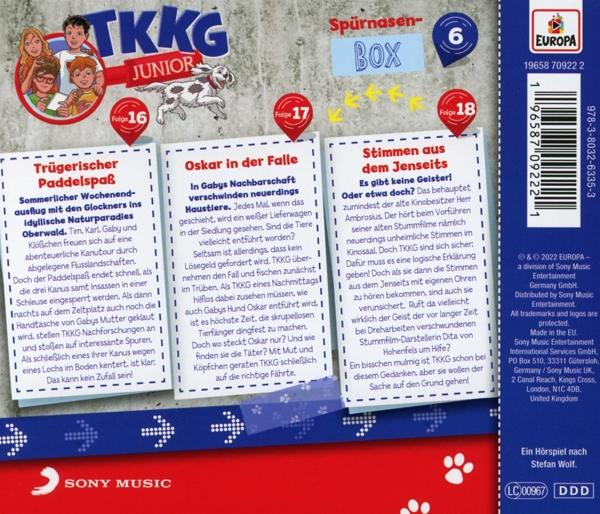 Rückseite eines TKKG Junior-Buches. Text auf Deutsch beschreibt ein Abenteuer mit einem Hund.
