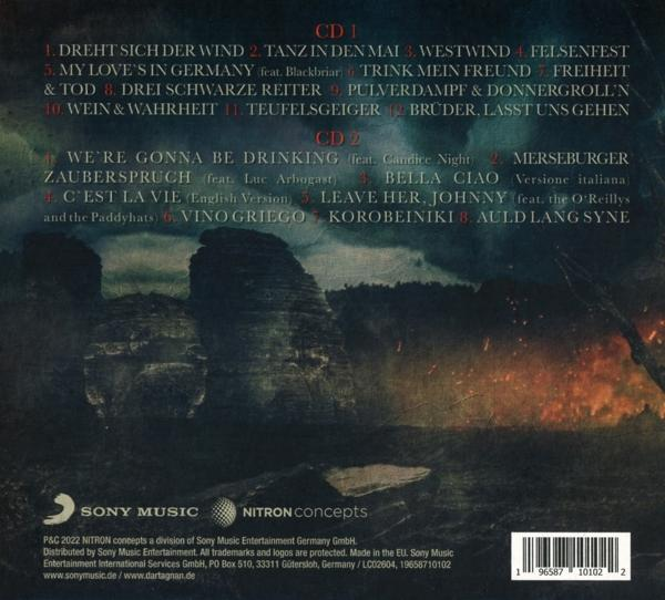 Album-Rückseite mit Songtiteln, einem Logo und einem feurigen Hintergrund.