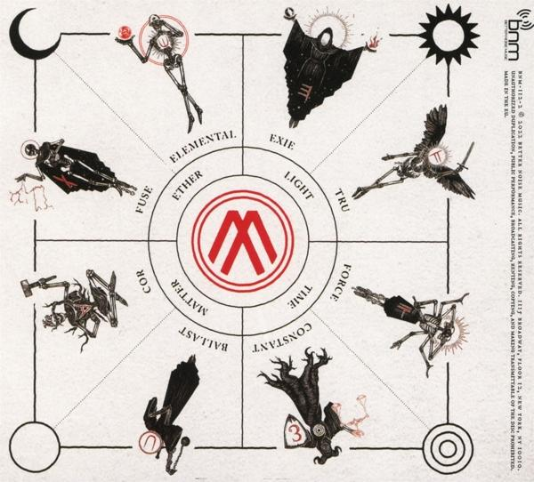 Albumcover mit Symbolen und Figuren um ein zentrales Logo. Enthält die Wörter: elemental, exie, light, tru, force usw.