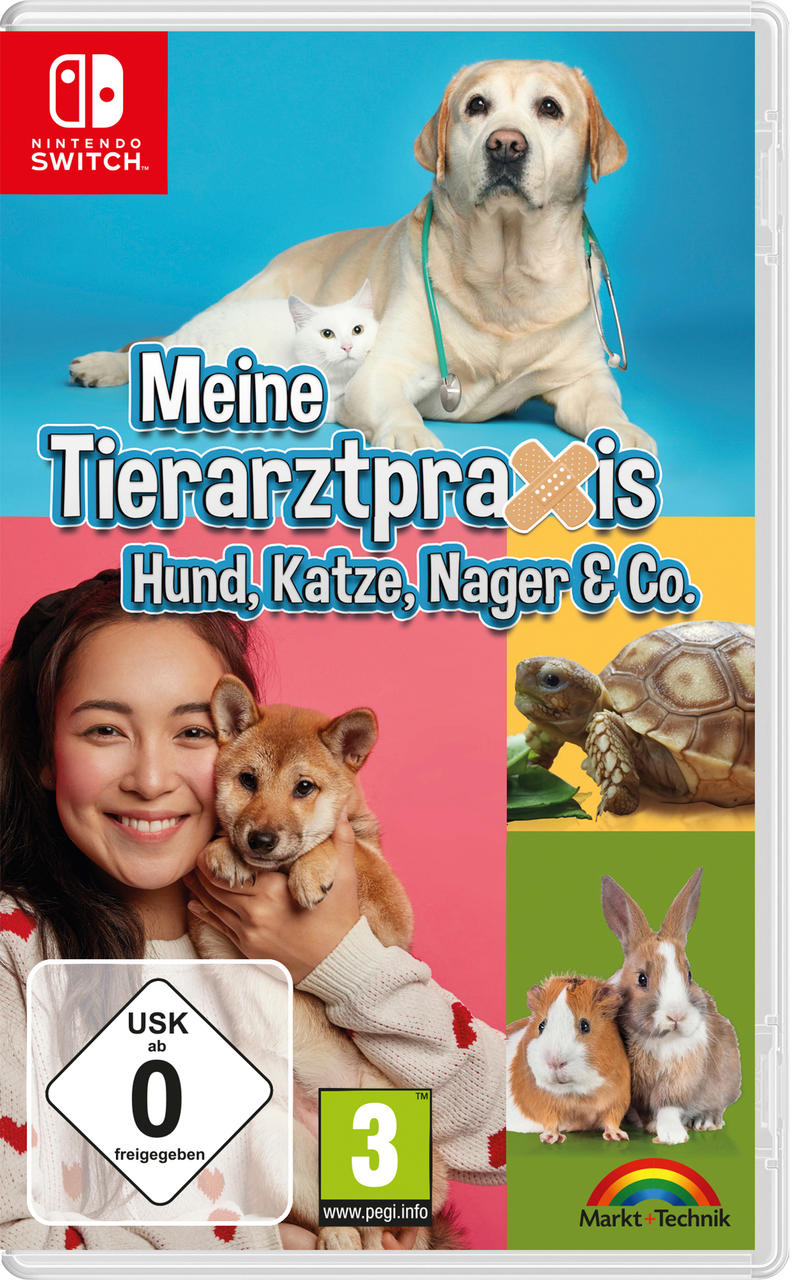 Spielbox mit einer Frau, die einen Welpen, eine Katze und einen Hund hält. Text: Meine Tierarztpraxis. Bilder von Tieren.