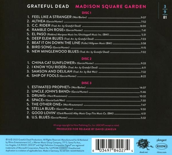 Grateful Dead Albumcover. Titellisten sind auf dem Cover. Madison Square Garden steht im Titel.