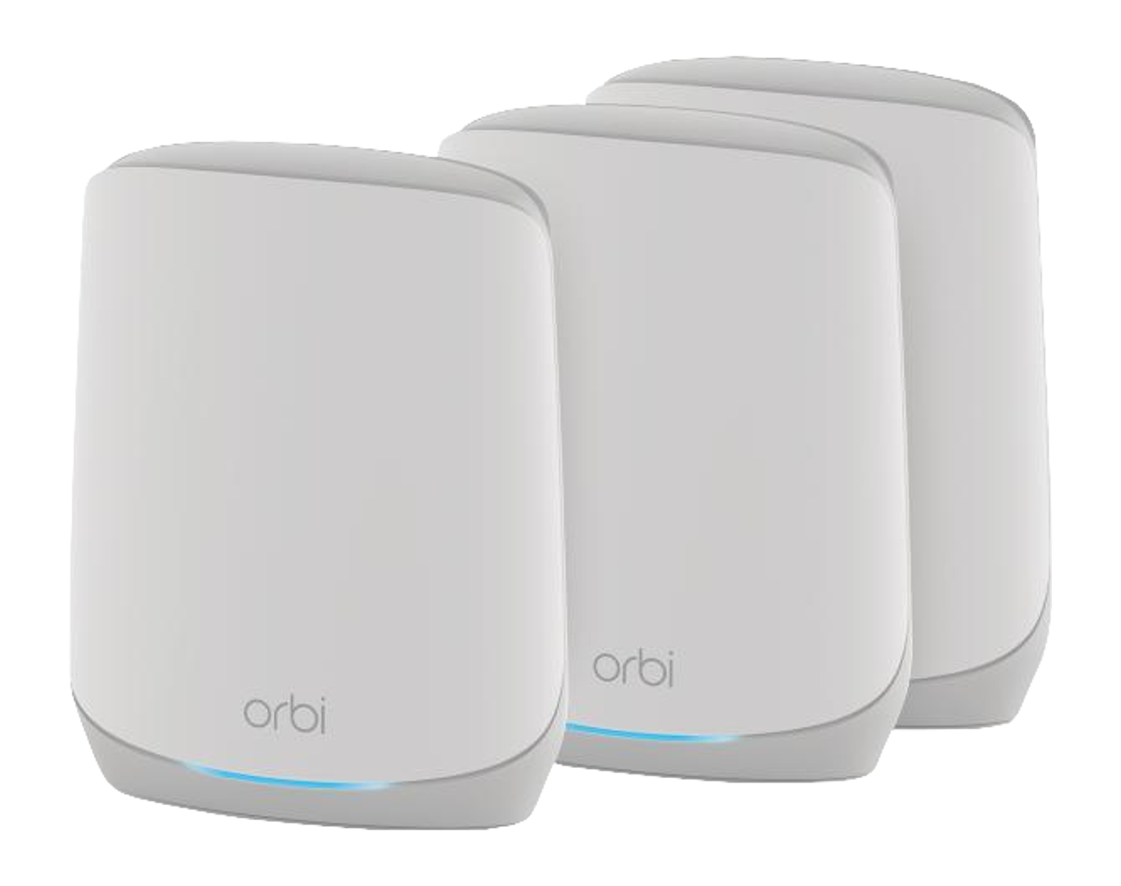 Drei weiße, abgerundete Mesh-Netzwerkgeräte. Jedes hat das Wort 'orbi' darauf und ein Licht an der Basis.
