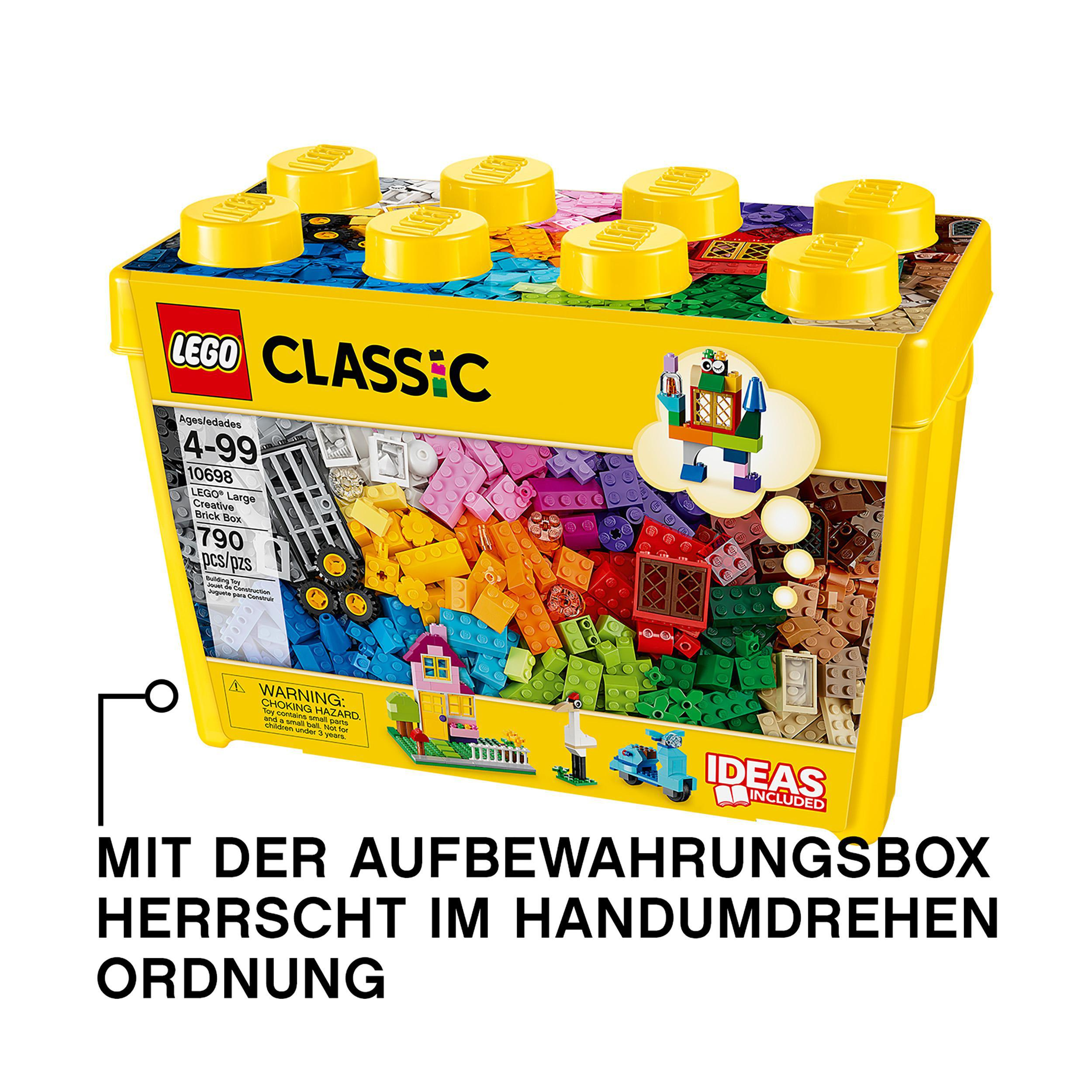 Eine Lego Classic-Box mit bunten Steinen und einer gelben Aufbewahrungsbox.