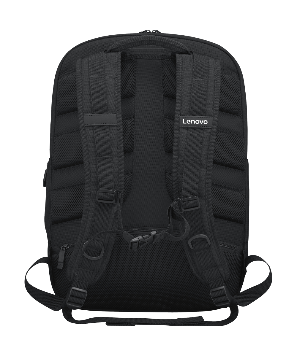Mochila Lenovo negra. La parte trasera tiene correas acolchadas y un logotipo de Lenovo. El fondo es negro.