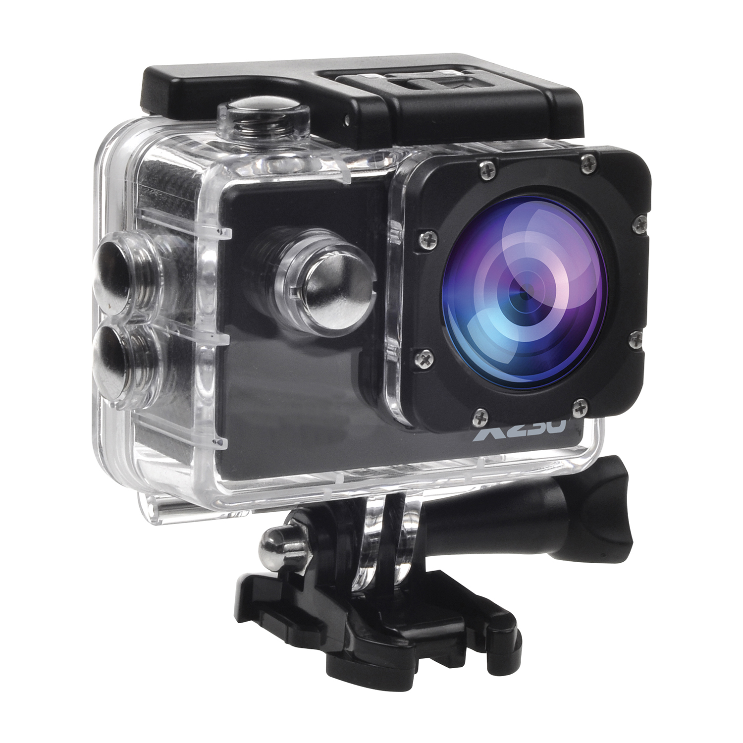 Action camera nera in una custodia impermeabile trasparente. Presenta pulsanti, un obiettivo e un supporto.