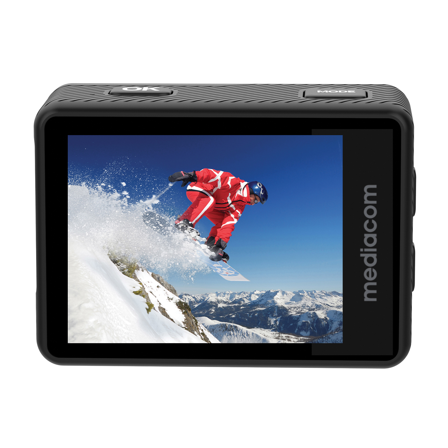Fotocamera d'azione nera con una persona che fa snowboard su una montagna.