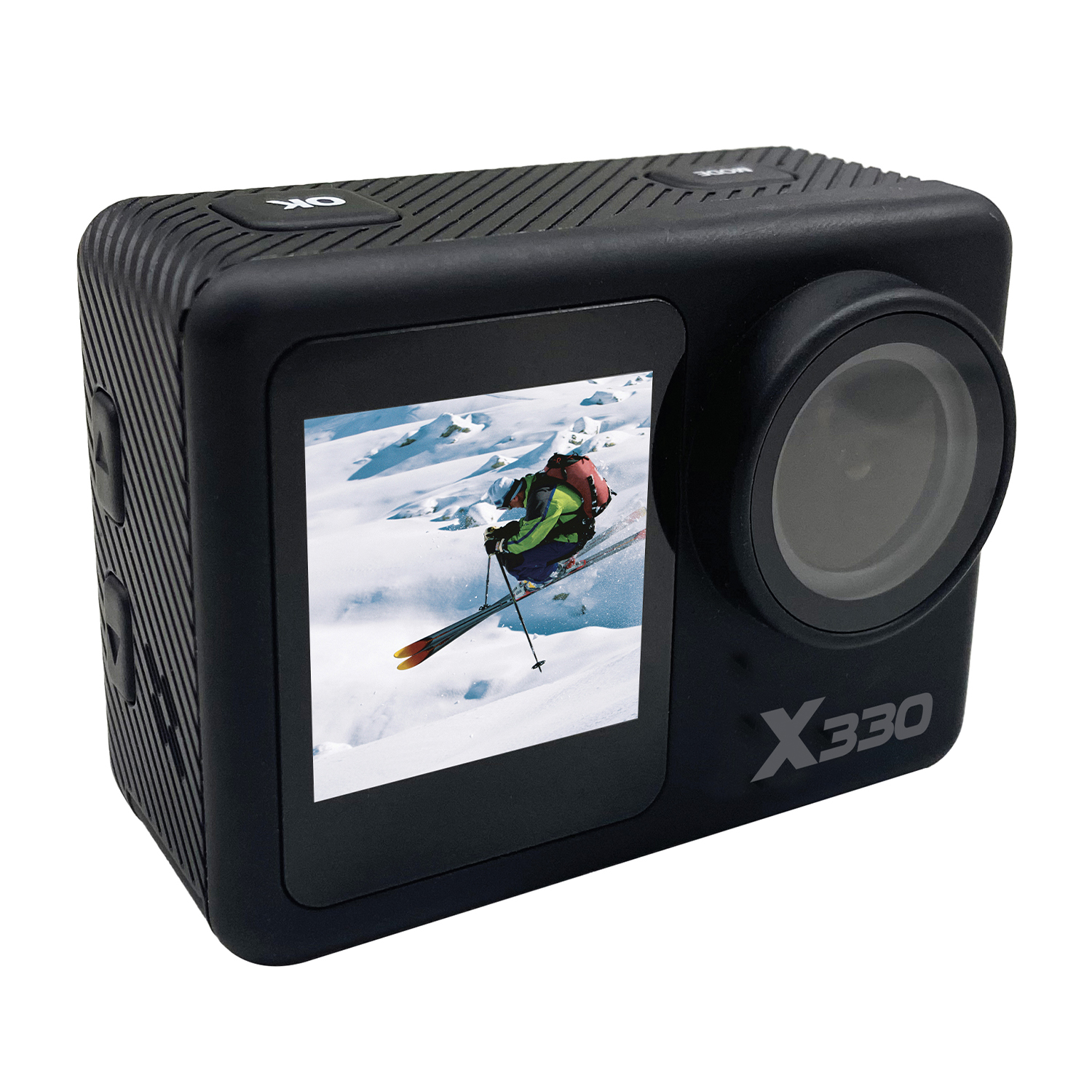 Action cam nera con schermo che mostra uno sciatore su un pendio innevato. Pulsanti in alto e ai lati.