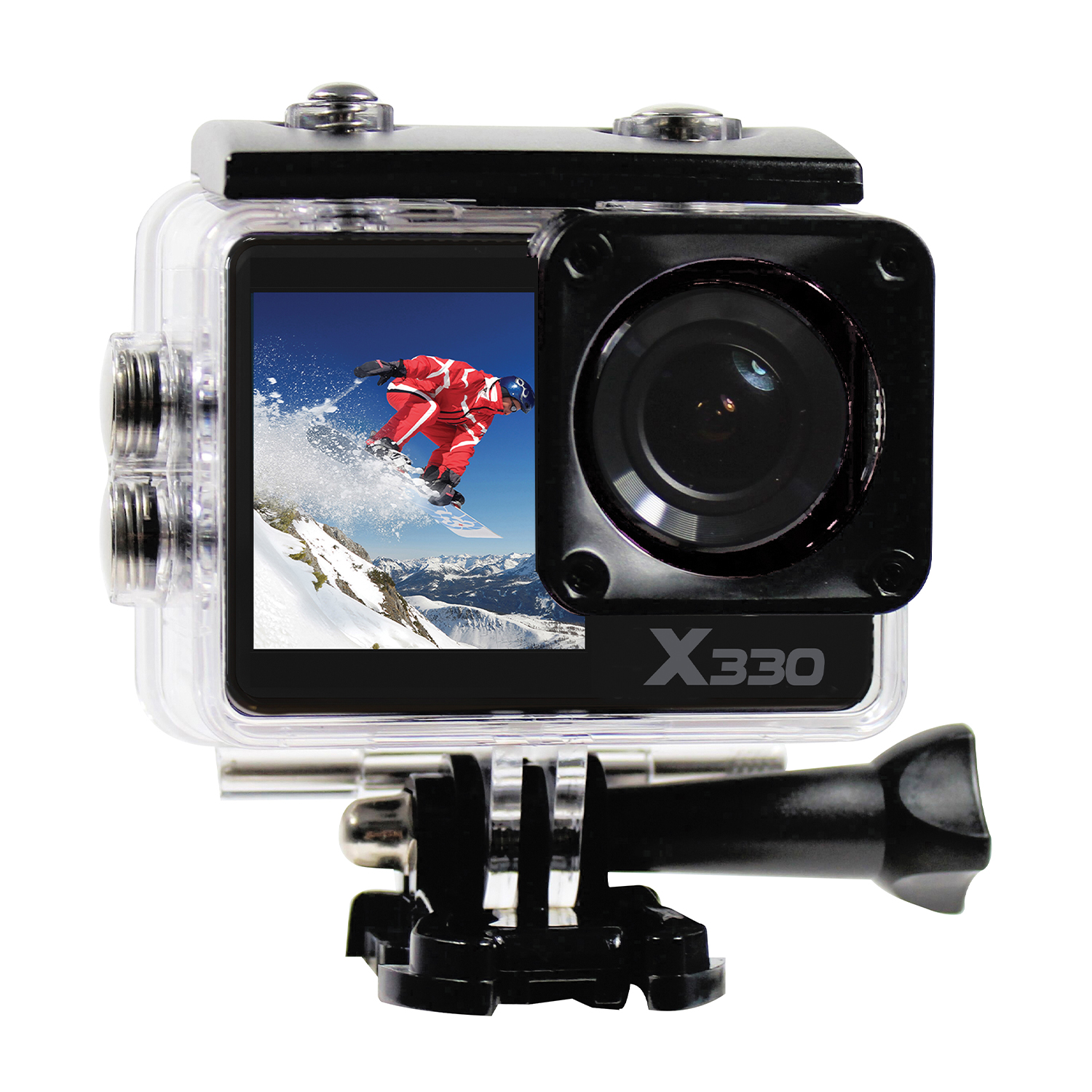 Action cam in custodia impermeabile, che mostra una persona che fa snowboard. X330 sulla fotocamera.