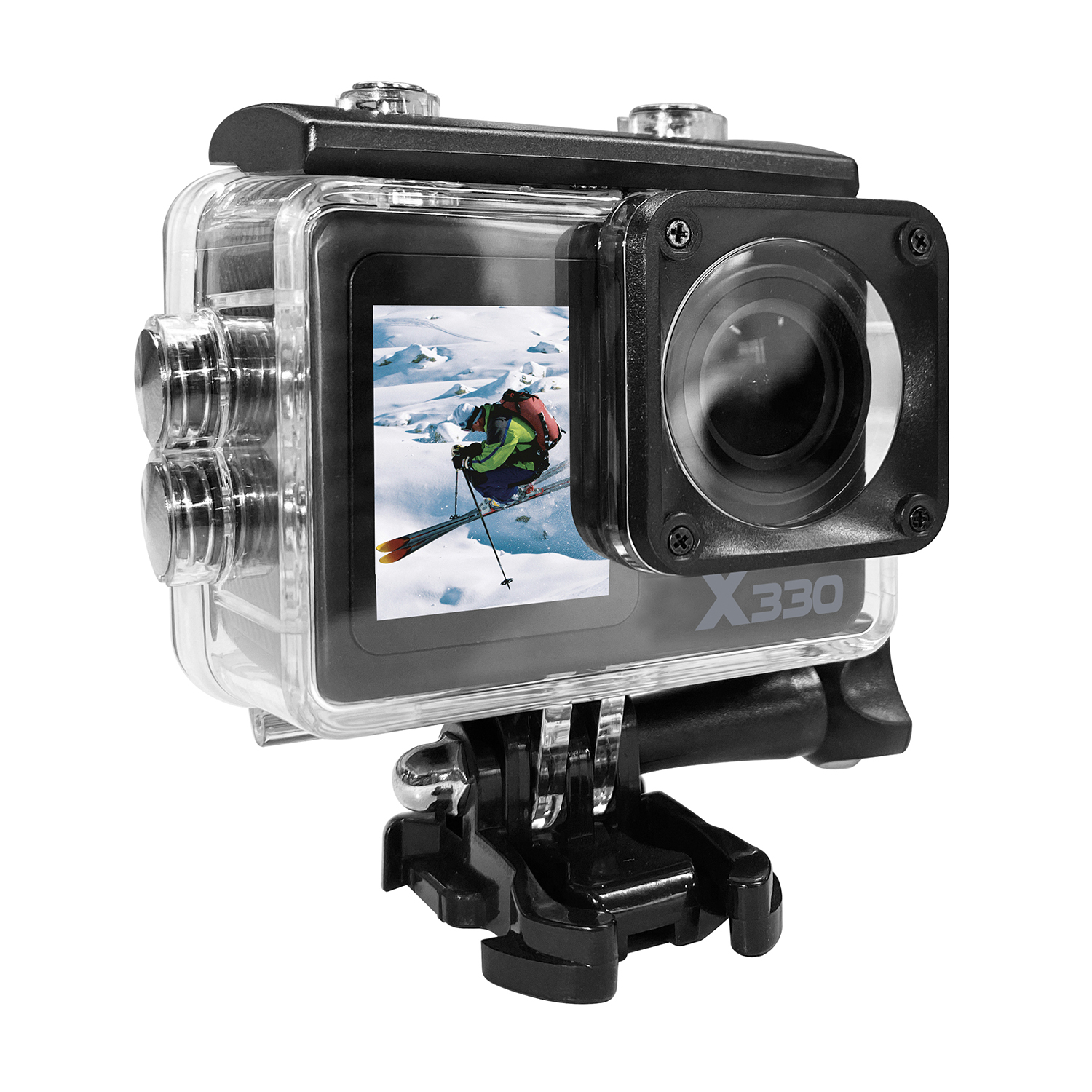 Una fotocamera d'azione nera in una custodia trasparente, che mostra uno sciatore su uno schermo.