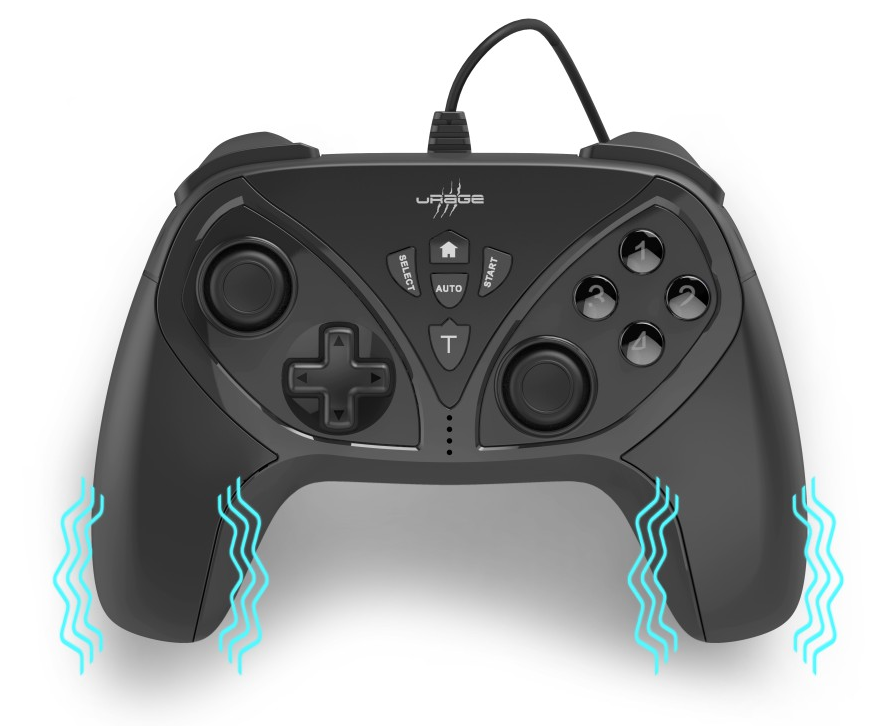 Fekete Urage gamepad gombokkal és joystickkal. Kék hullámvonalak a hűtési funkciókat jelzik.