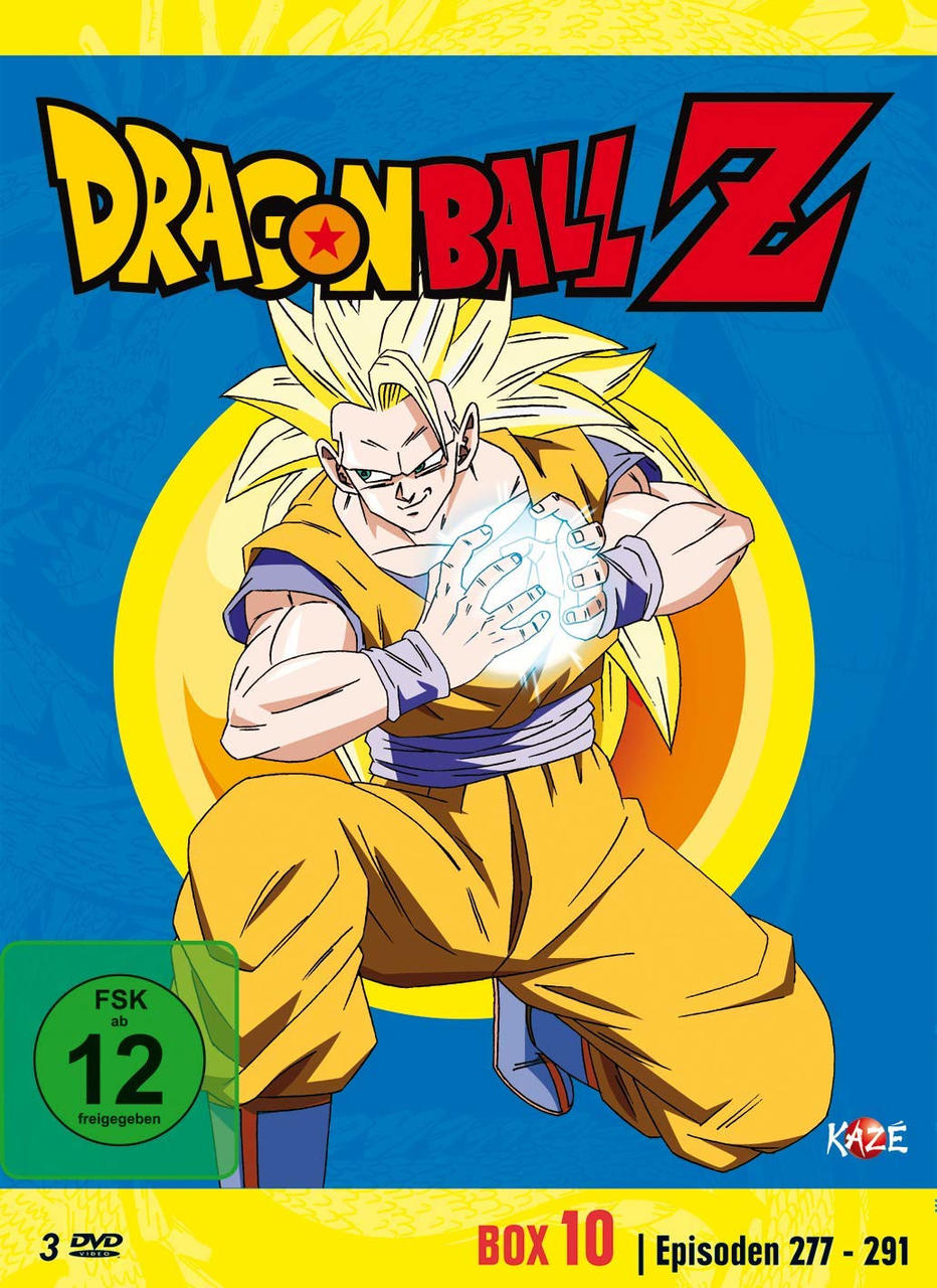 Anime-DVD-Cover. Goku mit gelben Haaren lädt Energie auf. Blauer Hintergrund.