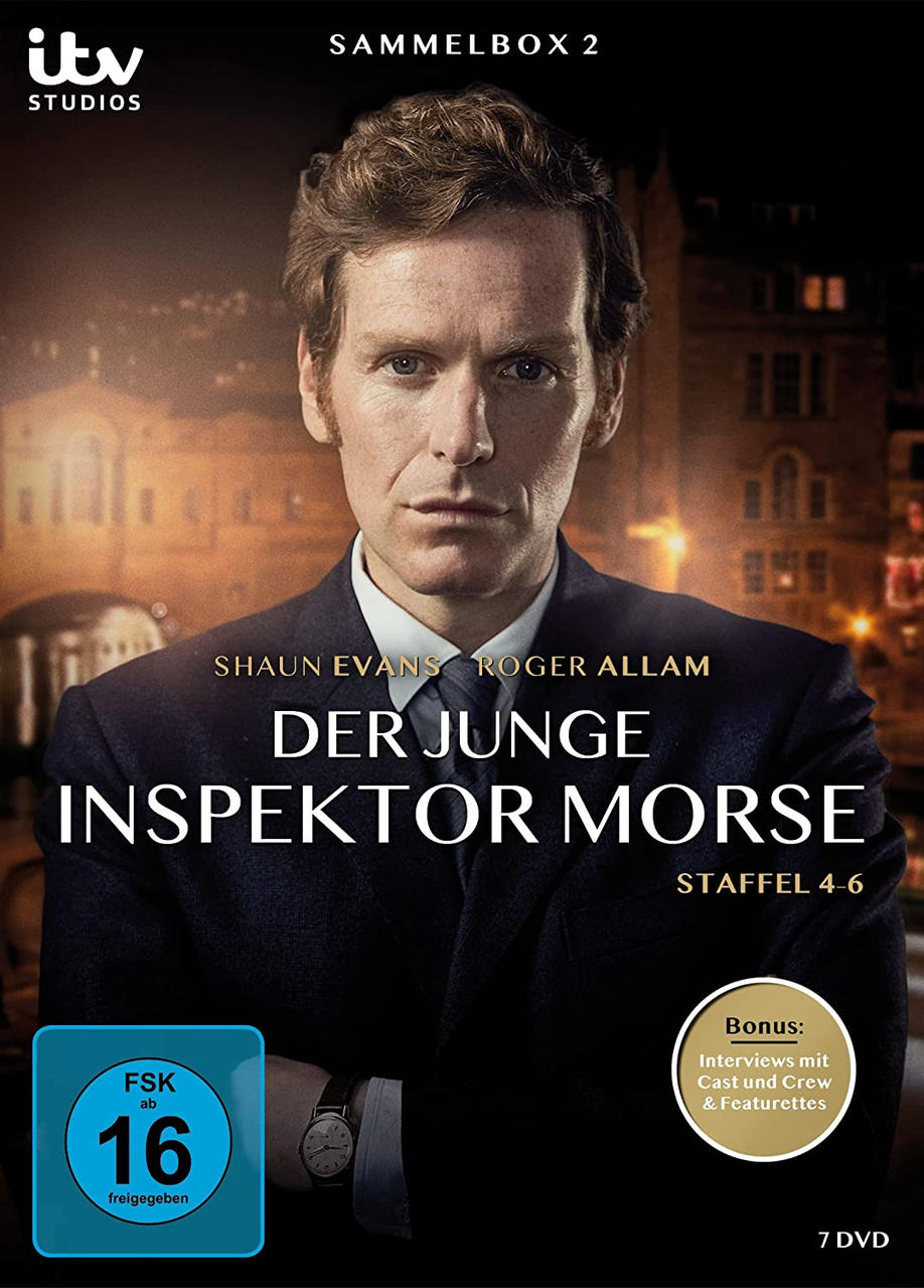 DVD-Cover für 'Der Junge Inspektor Morse' mit einem Mann im Anzug. Titel und Staffelinfo sind sichtbar.