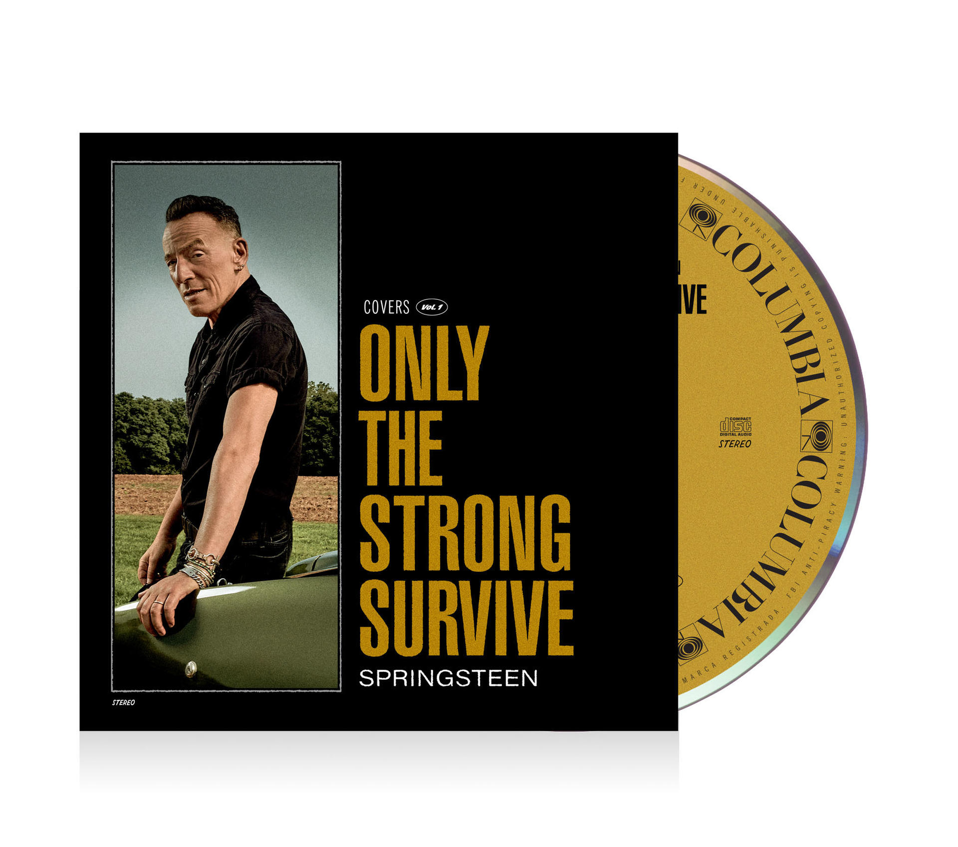 Albumcover, Bruce Springsteen. Foto von Springsteen an einem Auto. Schwarzer Text mit Albumtitel.
