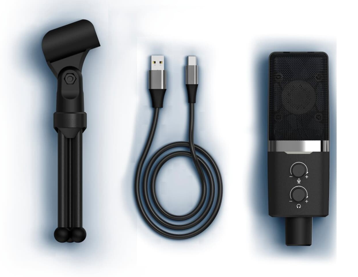 Mikrofon és tartozékok: állvány, USB-kábel és popszűrő. Fekete és ezüst.