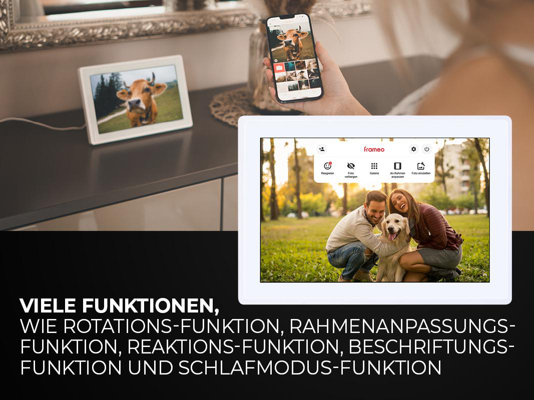 Zwei digitale Bilderrahmen, einer mit einer Kuh, einer mit einem Paar und einem Hund und ein Telefon.