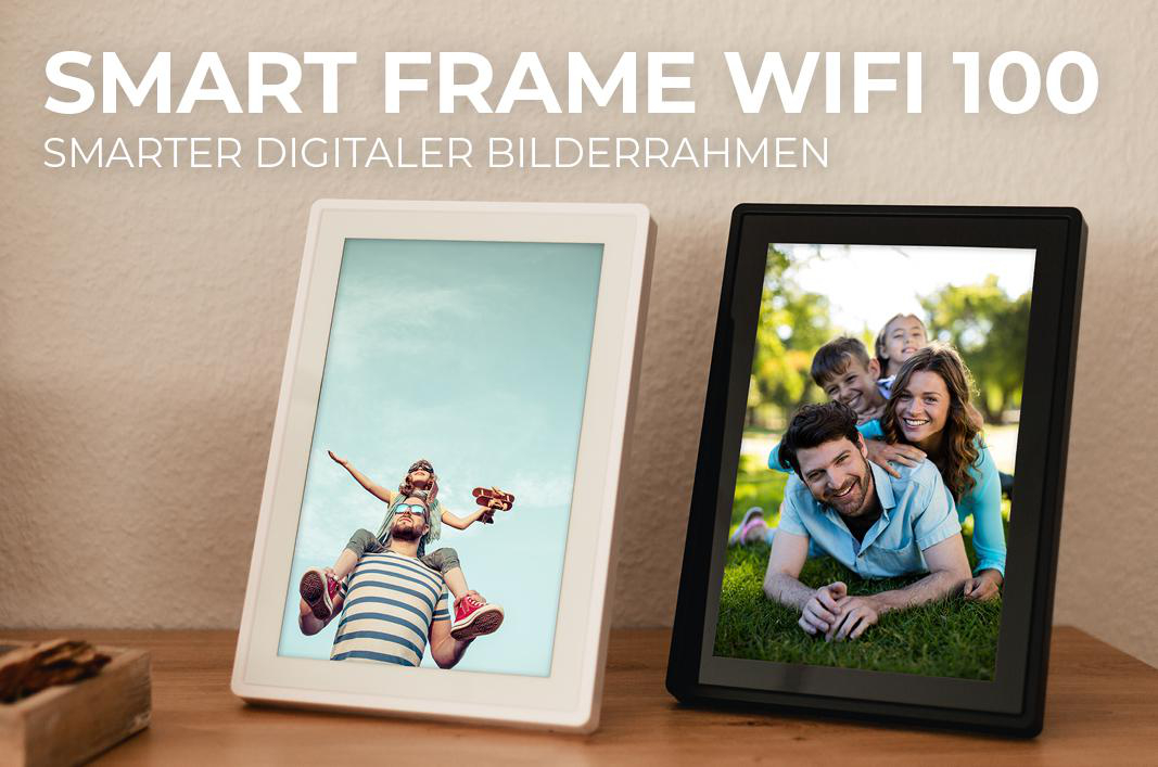 Zwei intelligente digitale Bilderrahmen. Einer weiß, einer schwarz. Zeigt Menschen in der Natur.