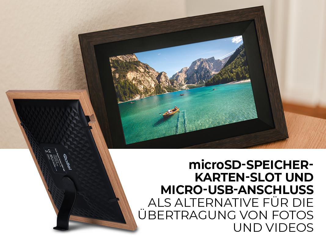 Ein digitaler Fotorahmen mit einem Foto von See und Bergen, plus Erklärung zu microSD und USB.