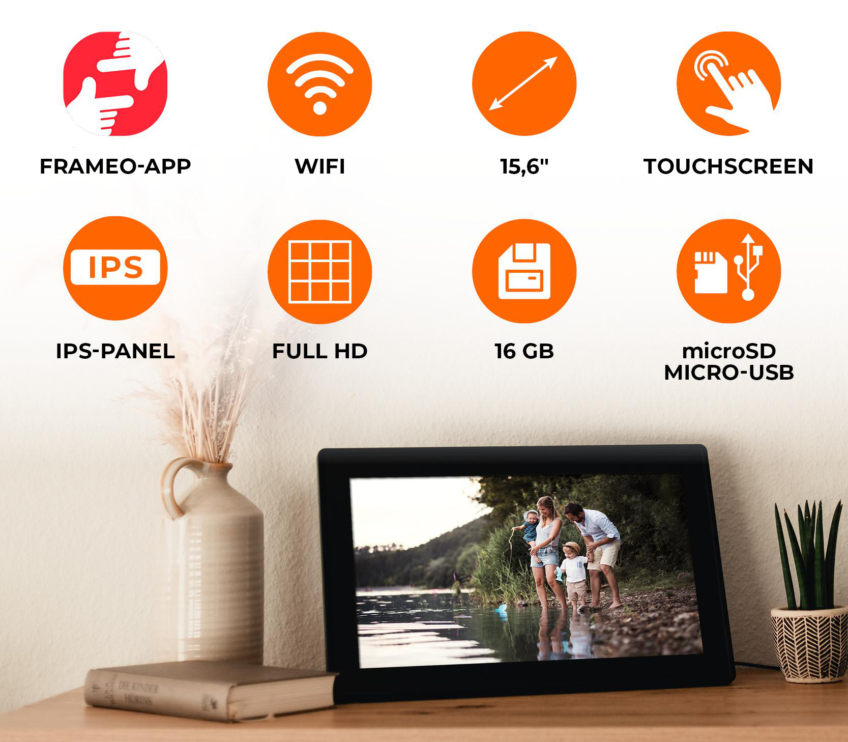 Digitaler Bilderrahmen mit Familienfoto, mit Symbolen und Text für Funktionen.