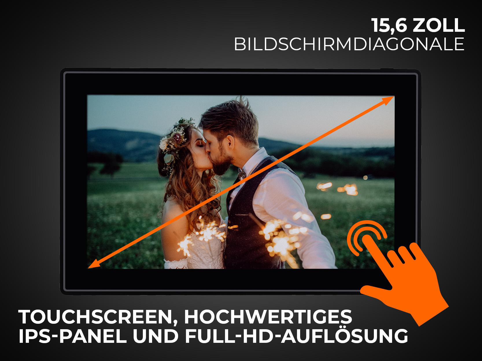 Touchscreen-Monitor mit küssendem Paar. Oranger Pfeil und Touch-Symbol.