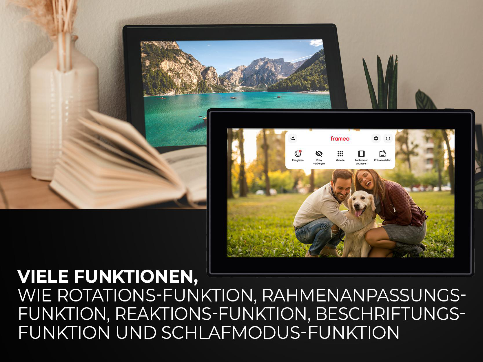 Digitale Fotorahmen zeigen Fotos. Text auf Deutsch ist ebenfalls sichtbar.